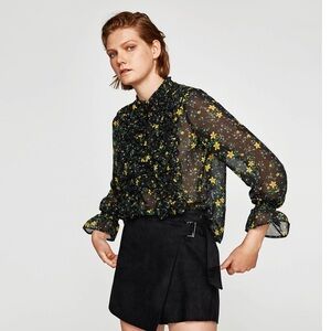 Zara sheer black and yellow floral print blouse
